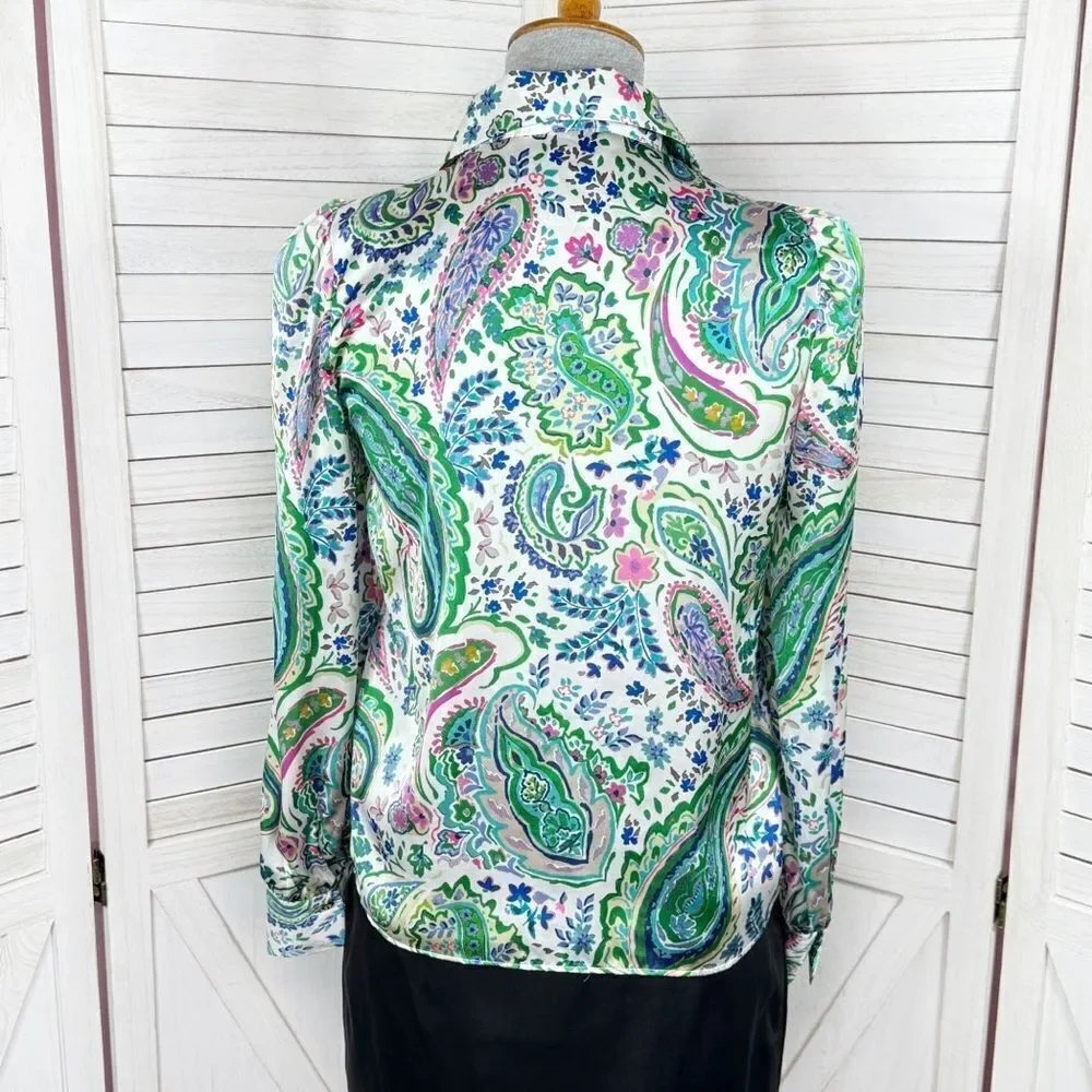 Zara Paisley Satin Button Up Blouse White Multi Small‎